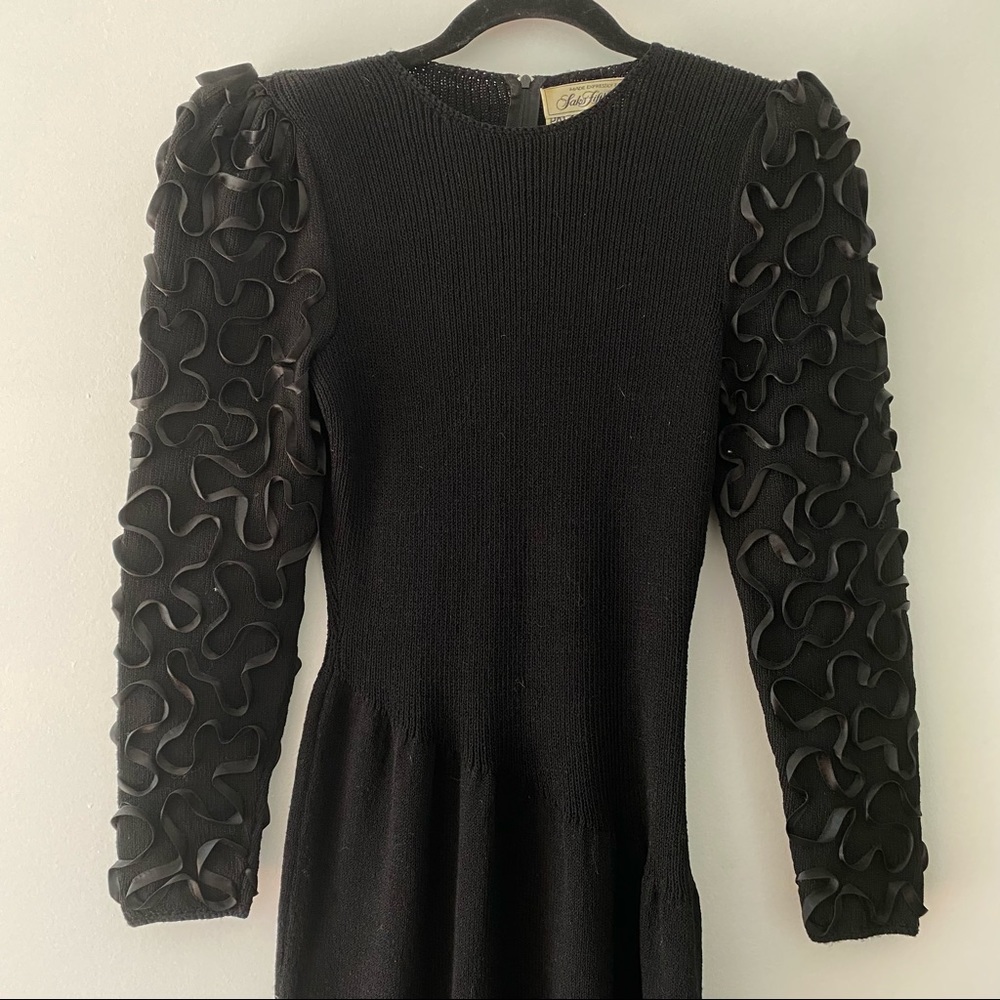 Saks Fifth Avenue Pat Sandler for Wellmore Black Vintage Knit Dress Puff Sleeves - Picture 4 of 6